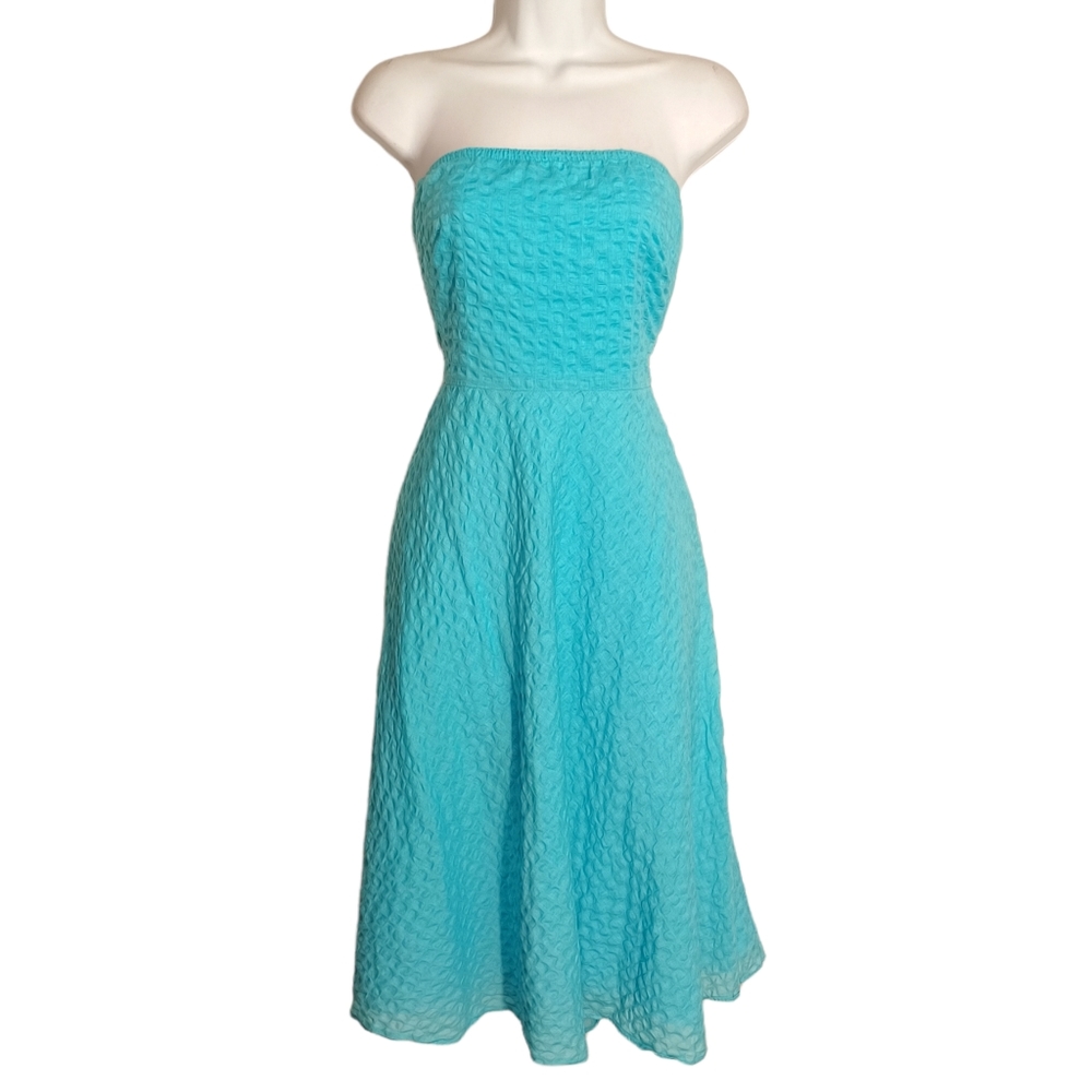 J CREW Light Blue Texture Strapless A Line Fit & Flare Midi Dress 8 (Medium)